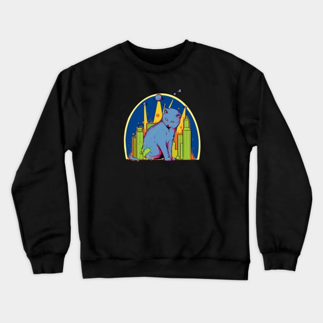 Giant Laser Cat From Space Attacks City Crewneck Sweatshirt by LittleBunnySunshine